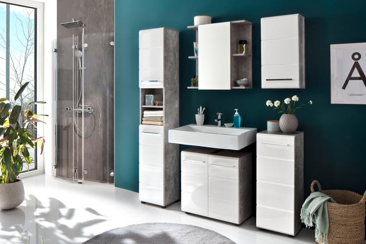 NanoBad Badschrank 1 Tür, 1 Einlegeboden Beton Stone Dekor, weiß Hochglanz. 32 X 28 X 82 cm
