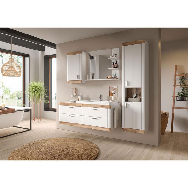 Laredo Badschrank wandhängend 1 Tür matt weiß,Eiche dekor,weiß. 45 X 20 X 76 cm