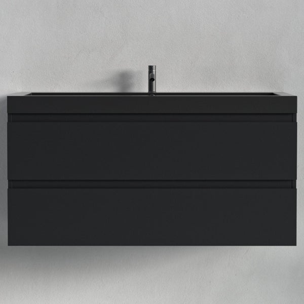 Wandhängender schwarzer Waschbeckenunterschrank mit zwei Schubladen und integriertem Waschbecken inklusive Armatur.