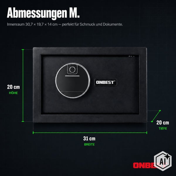 Maßzeichnung eines Onbest Möbeltresors der Größe M mit den Außenmaßen 31 mal 20 mal 20 Zentimeter und Innenraumangaben für Wertsachen.