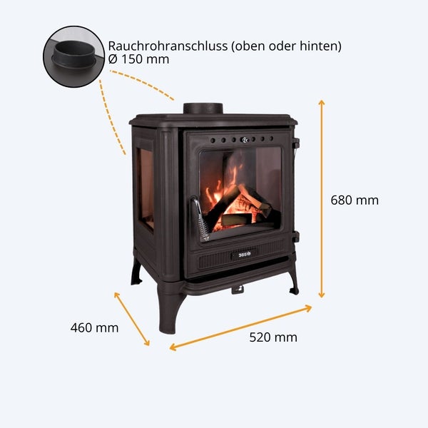 Kaminofen mit Sichtfenster und Maßangaben, Rauchrohranschluss 150 Millimeter Durchmesser, oben oder hinten montierbar.