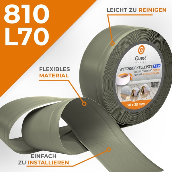 Quest Profile Weichsockelleiste aus flexiblem Material, 70 mal 20 Millimeter, leicht zu reinigen und einfach zu installieren.