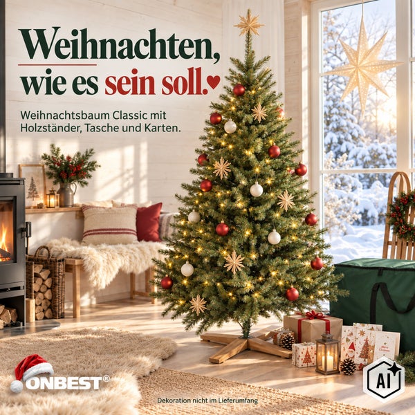 Geschmückter künstlicher Weihnachtsbaum Classic mit Holzständer, Aufbewahrungstasche und Weihnachtskarten in einem gemütlichen Wohnzimmer.