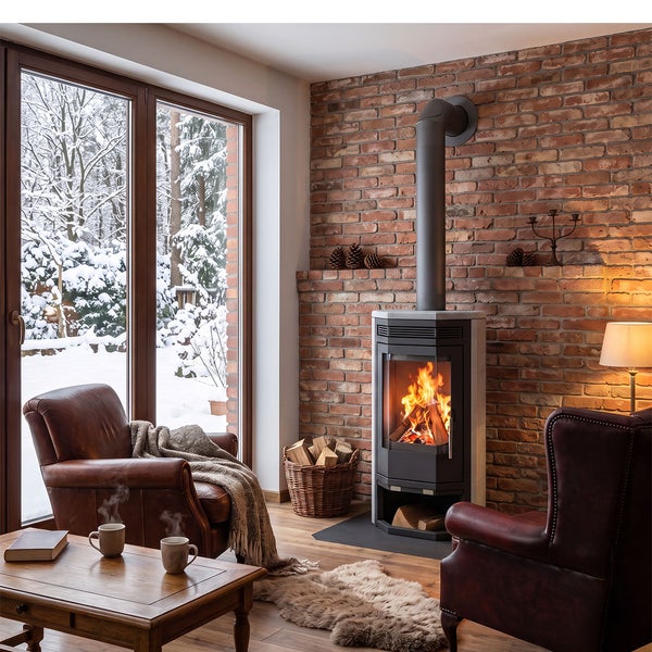 Wohnzimmer mit Kaminofen vor einer Ziegelwand mit Blick auf eine verschneite Winterlandschaft durch ein großes Fenster.