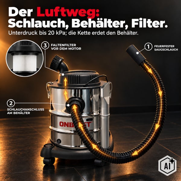 Aschesauger aus Edelstahl mit Fahrgestell und Anzeige für den Füllstand am Handgriff für Kaminreinigung