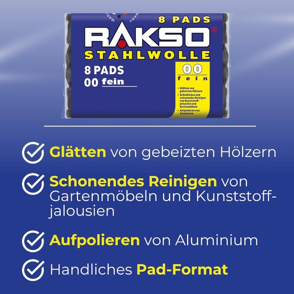 Rakso Stahlwolle Pads in Feinheit 00 fein, 8 Stück zum Glätten von gebeizten Hölzern, Reinigen von Gartenmöbeln und Aufpolieren von Aluminium.