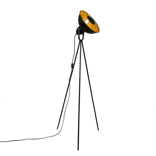 QAZQA - Modern Industrie-Stehlampe Stativ schwarz mit Gold I Messing - Magna Basic 25 I Wohnzimmer I Schlafzimmer - Stahl Rund I Länglich - LED geeignet E27