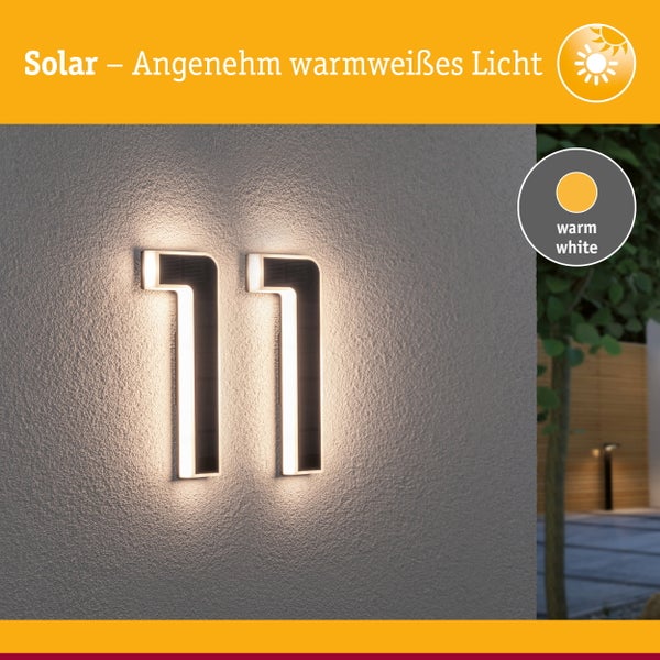 Solar Hausnummer Licht in Form der Zahl eins mit zwölf Stunden Leuchtdauer und acht Stunden Ladezeit durch Sonneneinstrahlung.