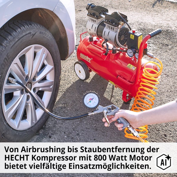 HECHT Kompressor mit 800 Watt Motor beim Aufpumpen eines Autoreifens mit Reifenfüller und Manometer.