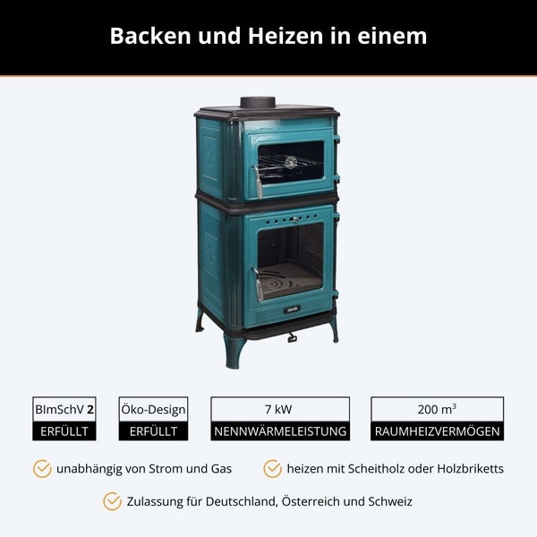 Türkisfarbener Kaminofen mit Backfach, 7 Kilowatt, 200 Kubikmeter Raumheizvermögen, erfüllt Bundes-Immissionsschutzverordnung 2 und Ökodesign.