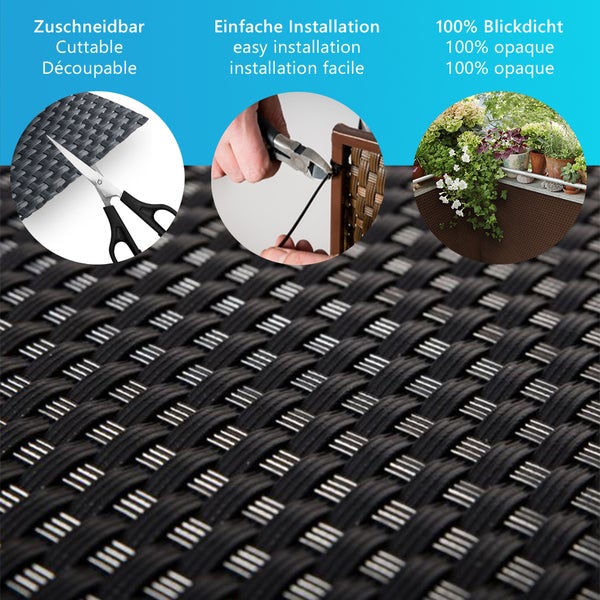 Balkonsichtschutz Funktionen: individuell zuschneidbar, einfache Montage mit Kabelbindern und 100 Prozent blickdicht.