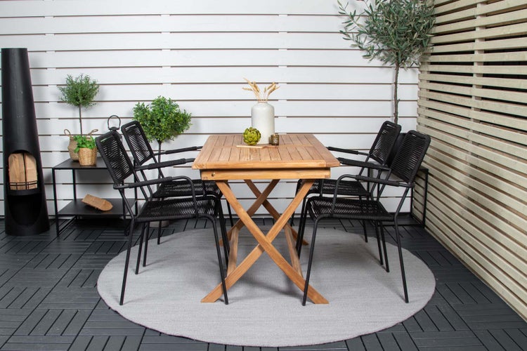Kenya Gartenset Tisch 70x120cm natur, 4 Stühle Lindos schwarz. 70 X 120 X 75 cm