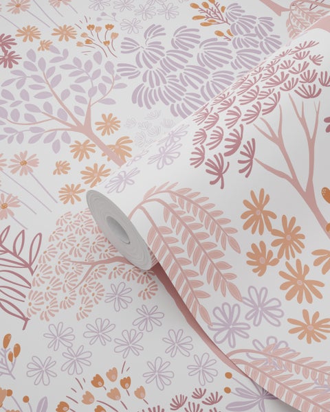 ESTAhome Tapete Bäumen und Blumen Lila und Orange - 50 x 900 cm - 131184