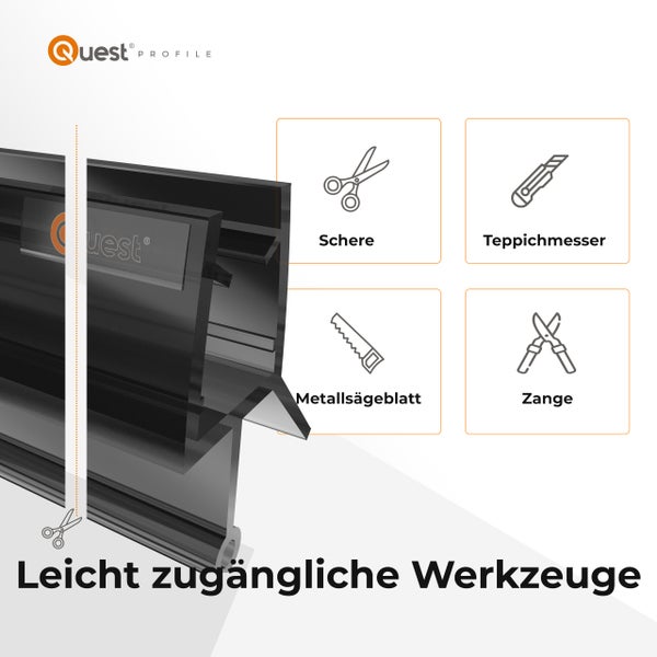 Quest Profile Logo. Darstellung von Werkzeugen zum einfachen Zuschneiden von Profilen: Schere, Teppichmesser, Metallsägeblatt, Zange.