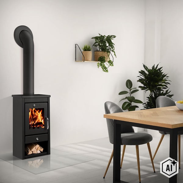 Schwarzer Kaminofen aus Stahl mit brennendem Holz in modernem Esszimmer mit Holztisch und Pflanzen.
