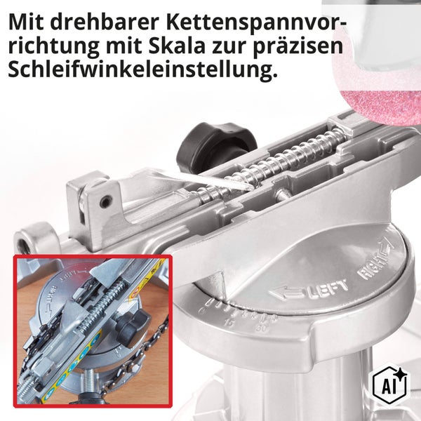 Kettenschärfgerät mit drehbarer Kettenspannvorrichtung und Skala zur präzisen Schleifwinkeleinstellung für Sägeketten.