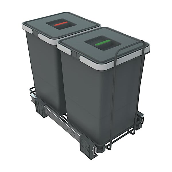 Ausziehbares Mülltrennsystem mit zwei grauen Kunststoff-Eimern auf einem Metallrahmen.