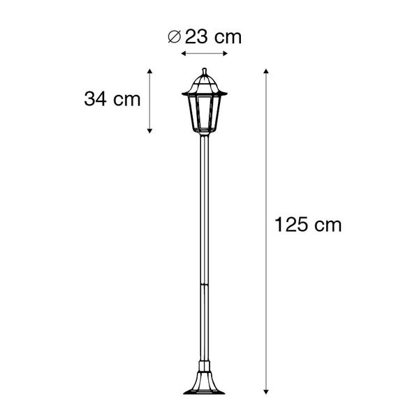 Technische Zeichnung einer Gartenlaterne mit den Maßen 23 cm Durchmesser, 34 cm Höhe des Lampenkopfes und 125 cm Gesamthöhe.