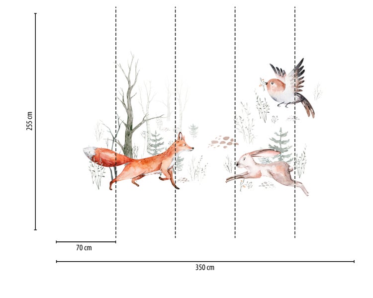 Fototapete mit Waldtieren wie Fuchs, Hase und Vogel im Aquarell-Stil, Maße 350 mal 255 Zentimeter, 5 Bahnen von jeweils 70 Zentimetern.