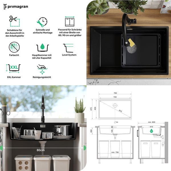 PRIMAGRAN Spülbecken Anthrazit 76x47cm, Granitspüle 1 Becken + Ablauf-Set + Aufrollbare Abtropffläche, Küchenspüle ab 80er Unterschrank - Praga Slim