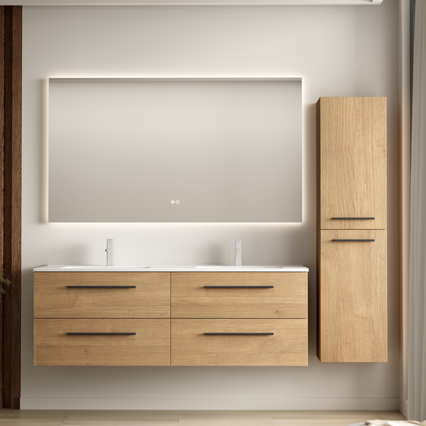 Badezimmermöbel Set mit Waschtisch, zwei Waschbecken, hängendem Unterschrank und Spiegel mit Beleuchtung in Holzoptik.