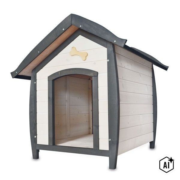 Hundehütte aus Holz mit Satteldach und Knochenmotiv als wetterfester Rückzugsort für den Garten