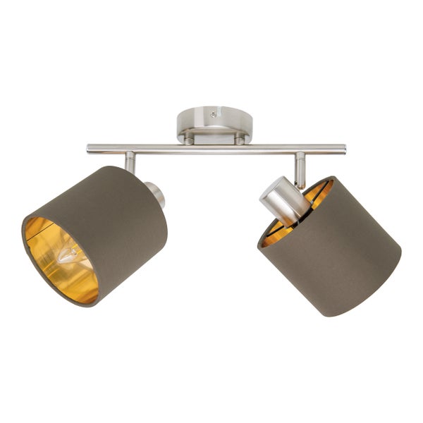 2er Wand- und Deckenleuchte MARON aus Metall satiniert-matt mit Stoffschirmen  in Braun, mit E14-Fassung, Lampe für Wohnzimmer, Esszimmer, Flur und Büro,  46 x 12 cm