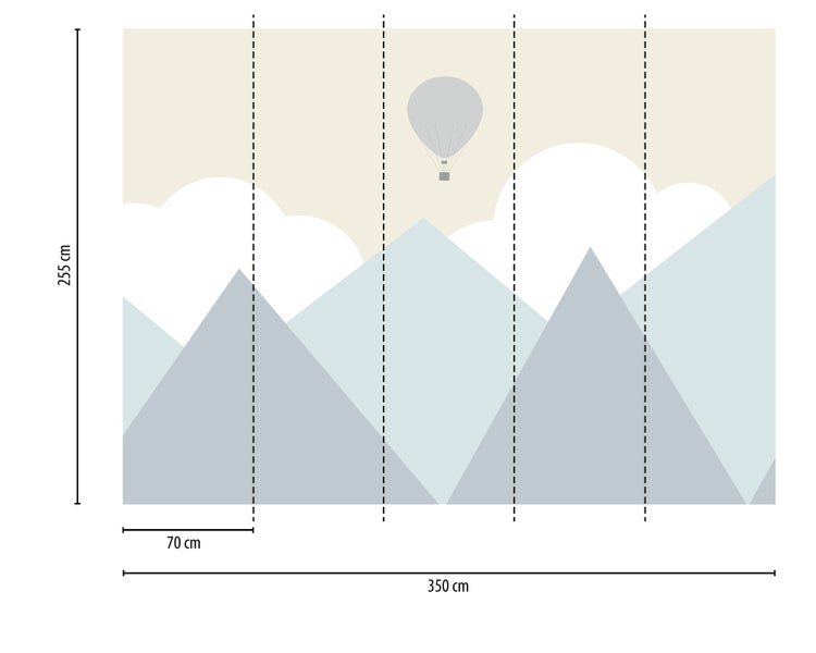 Fototapete Berglandschaft mit Heißluftballon und Wolken, 350 Zentimeter Breite mal 255 Zentimeter Höhe, 5 Bahnen von 70 Zentimeter.