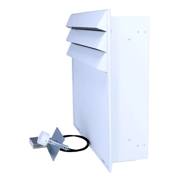 Wand-Einbau-Wärmestrahler mit Lamellenabdeckung und externem Thermostatanschluss zur Wandmontage.
