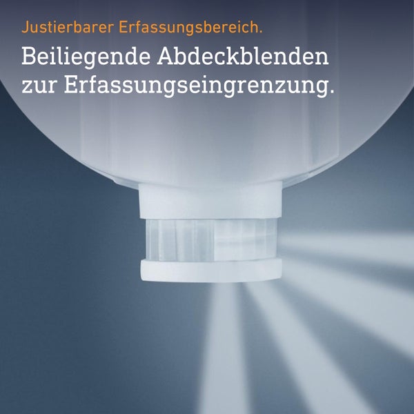 Bewegungsmelder mit justierbarem Erfassungsbereich und Abdeckblenden zur Einschränkung des Erfassungsbereichs.