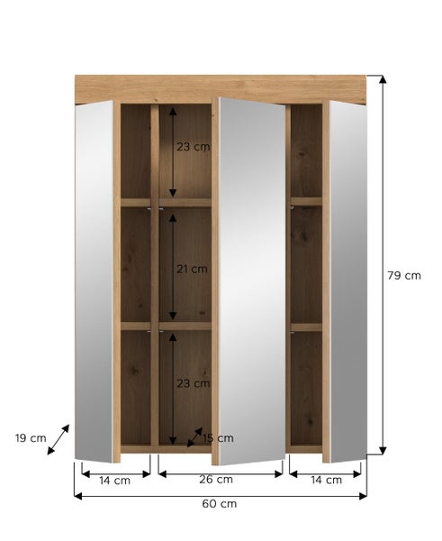 Abmessungen eines Spiegelschranks mit drei Türen und Einlegeböden