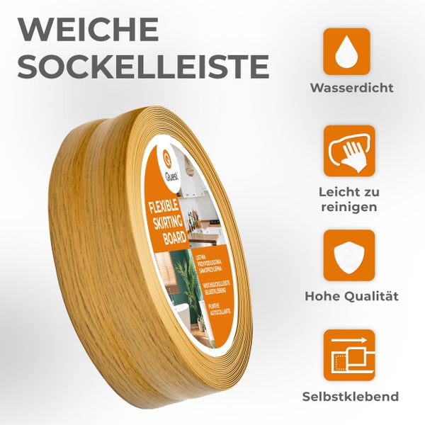 Weiche, selbstklebende Sockelleiste in Holzoptik mit wasserdichten und pflegeleichten Eigenschaften.