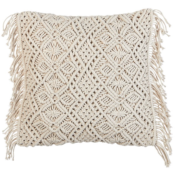Quadratisches Kissen mit Makramee und Fransen