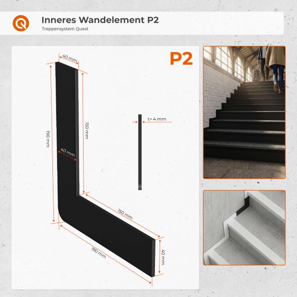 Quest Logo, inneres Wandelement P2 für Treppensystem, L-Profil, Maße 190 Millimeter mal 40 Millimeter, Dicke 4 Millimeter, montiert an einer Treppe.