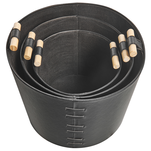 Set aus drei runden Übertöpfen aus Kunstleder mit Holzgriffen