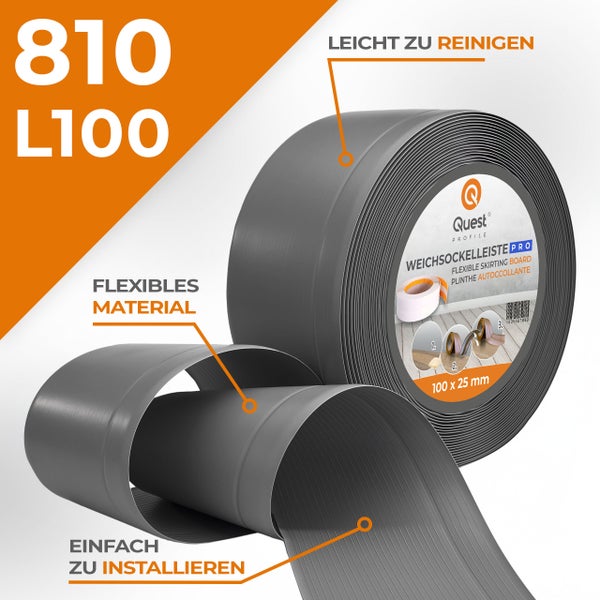 Quest Weichsockelleiste, Breite Sockelleiste 100 x 25 mm, PVC Sockelleiste, Flexibel, Dunkelgrau, 1 Meter