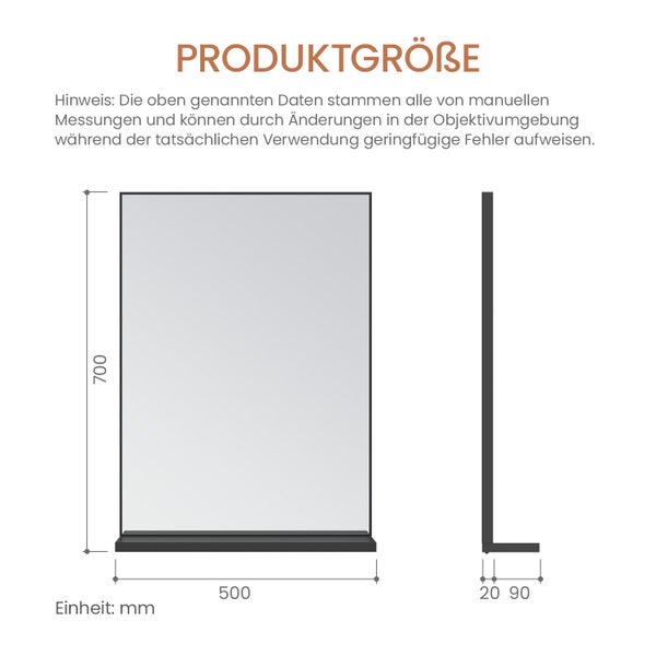 Maßzeichnung eines rechteckigen Spiegels mit Ablage, Höhe 700 Millimeter, Breite 500 Millimeter, Tiefe 90 Millimeter.