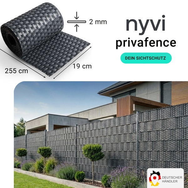 Nyvi Privafence Sichtschutzstreifen für Doppelstabmattenzäune, 19 cm breit, 255 cm lang, 2 Millimeter stark, für eine blickdichte Gartengestaltung.