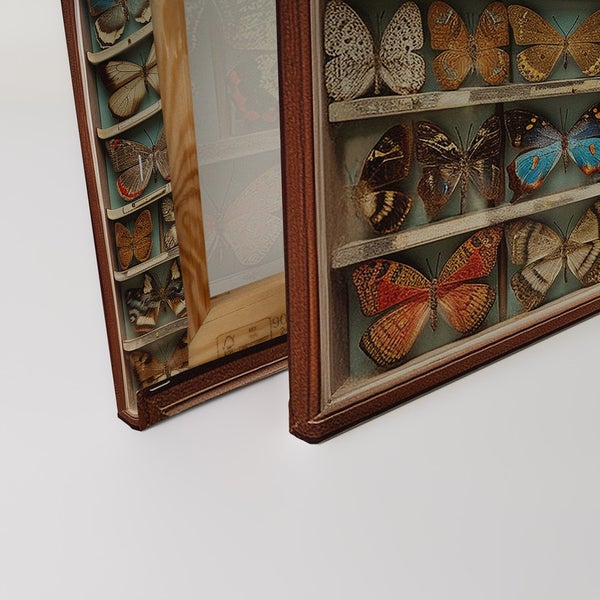 Nahaufnahme zweier Wandbilder mit Schaukästen, die verschiedene Schmetterlinge zeigen