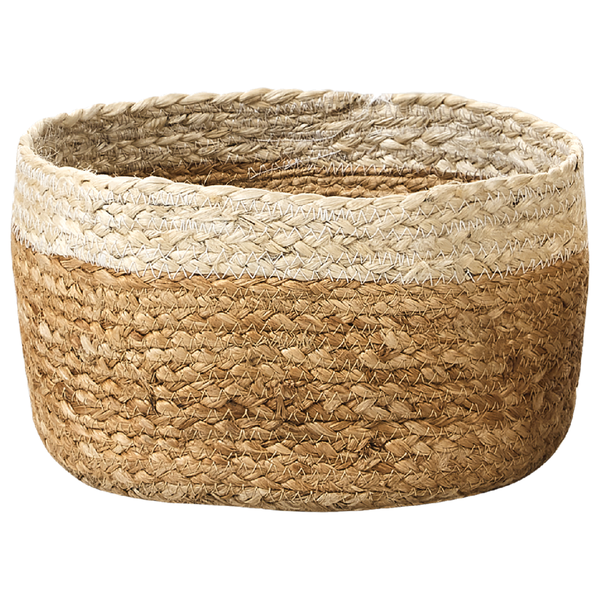 Geflochtener Korb aus Jute, rund, zweifarbig in Natur und Beige.