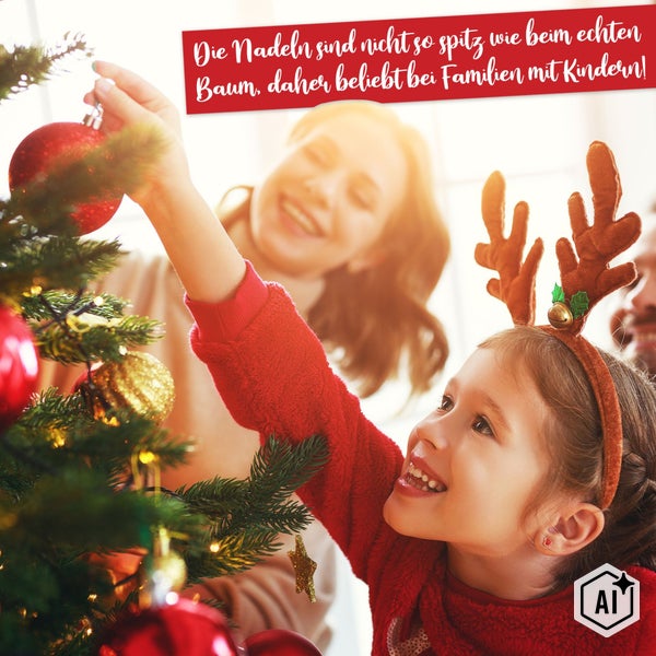 Familie schmückt einen künstlichen Weihnachtsbaum mit Weihnachtskugeln für eine festliche Atmosphäre.
