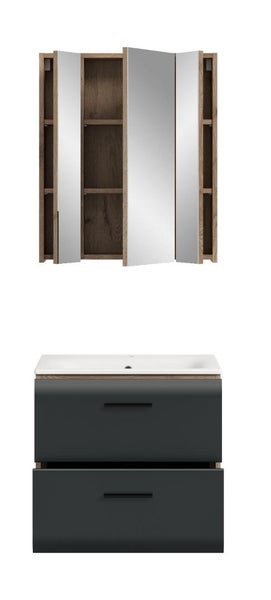 Badezimmermöbel-Set mit dreitürigem Spiegelschrank und Waschbeckenunterschrank mit zwei Schubladen in Anthrazit und Holzoptik.