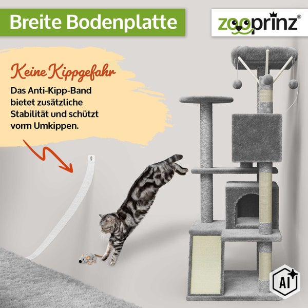 Zooprinz Kratzbaum mit breiter Bodenplatte und Anti-Kipp-Band zur Wandbefestigung für zusätzliche Stabilität.