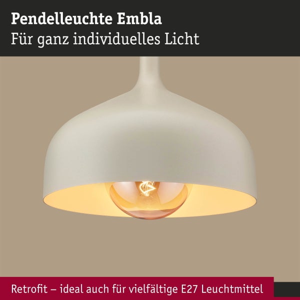 Moderne Pendelleuchte Embla mit kuppelförmigem Schirm und E27 Fassung für dekorative Leuchtmittel.
