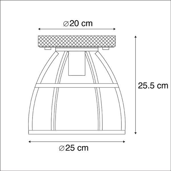 Technische Zeichnung einer Lampe mit den Maßen: 20 Zentimeter Durchmesser oben, 25 Zentimeter Durchmesser unten und 25,5 Zentimeter Höhe.