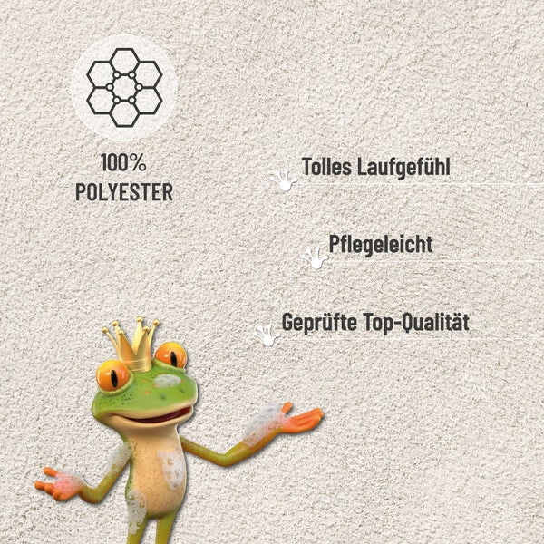 Nahaufnahme der Textur aus 100 Prozent Polyester mit Hinweisen zu hohem Laufkomfort, Pflegeleichtigkeit und geprüfter Top-Qualität.