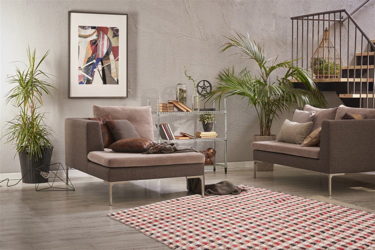 Modernes Wohnzimmer mit grauen Chaiselongues, bunt kariertem Teppich, Zimmerpflanzen und Metallregal vor einer grauen Wand.