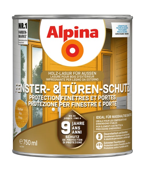 Alpina Fenster und Türen Schutz Holzlasur für Außen 750 Milliliter für maßhaltige Bauteile mit 9 Jahren Schutz