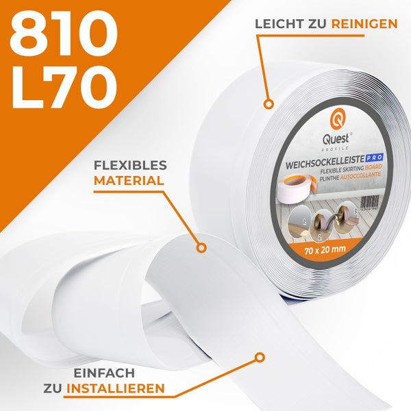 Quest Profile Weichsockelleiste in 70 mal 20 Millimeter als Rolle mit selbstklebender Rückseite für einfache Montage.