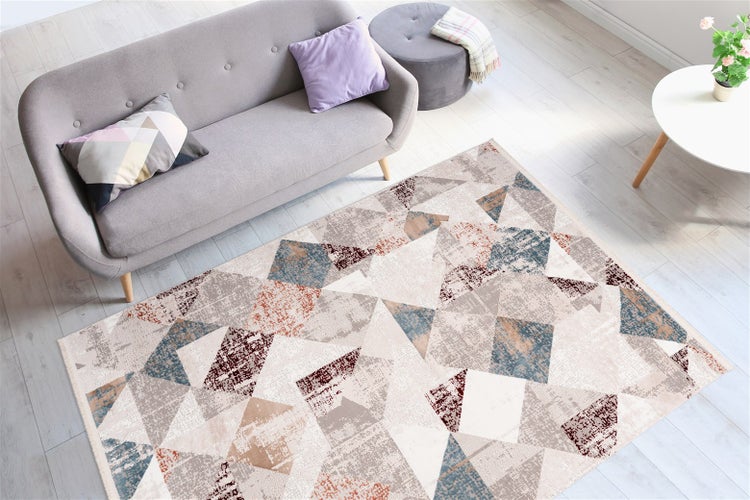 Kurzflor Teppich Celestia Grau / Lachsrosa Vintage-Design, Used-Look, Patchwork-Design 200 x 300 cm